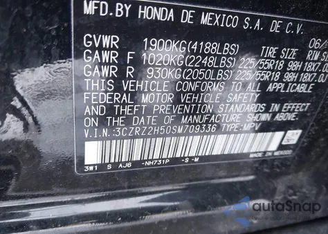 2025 Honda Hr-V Awd Sport z USA, uszkodzony, nr VIN 3CZRZ2H50SM709336